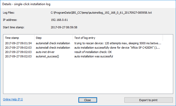 Autoinstaller log details dialog
